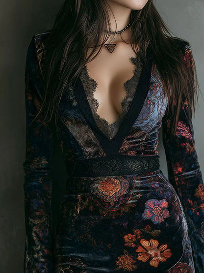 Clarissa™ | Samt-Minikleid mit floralem Print und Schnürdetails